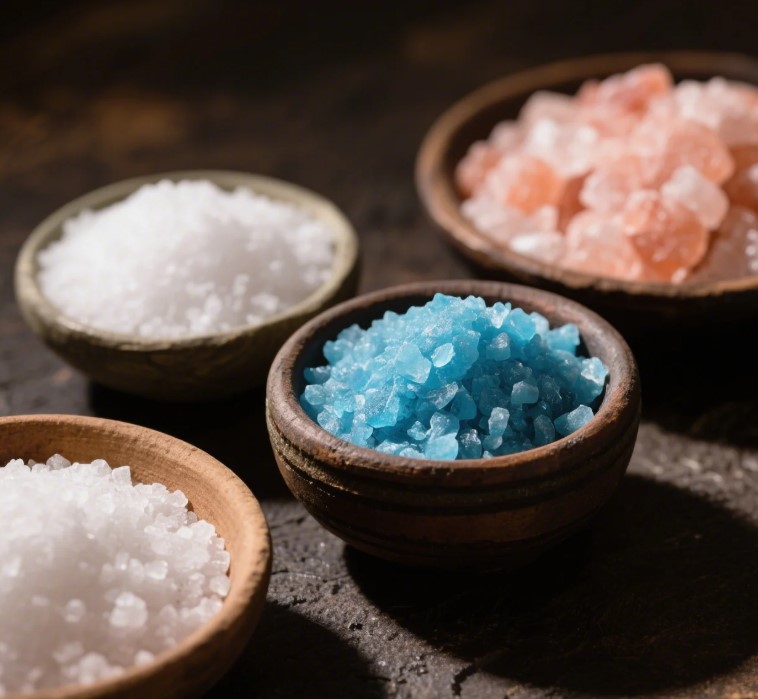 A close-up shot of various types of salt