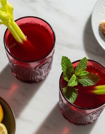 Beetroot juice with celery and mint garnish