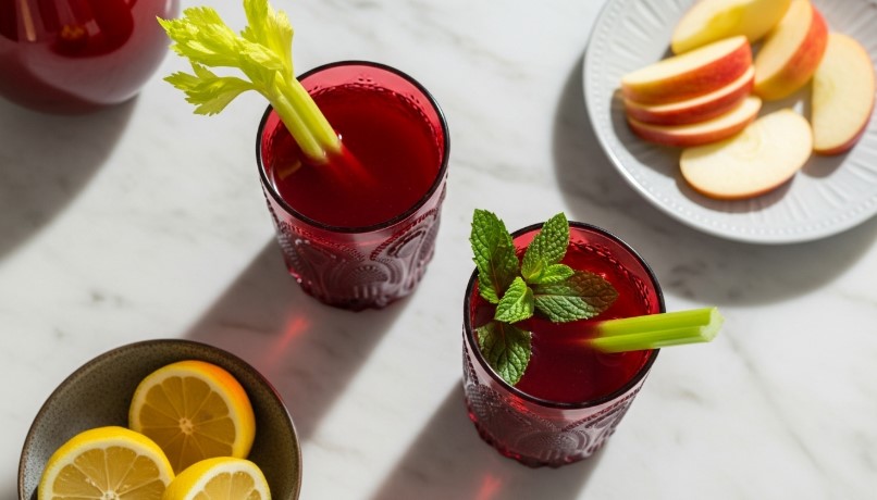 Beetroot juice with celery and mint garnish