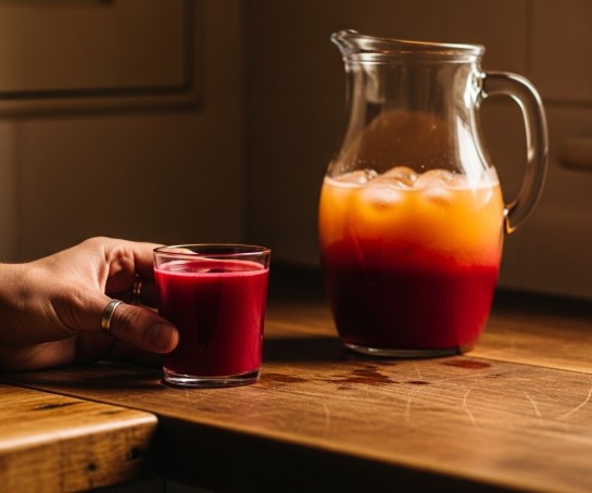 Beetroot juice tasting moment with labeled jug