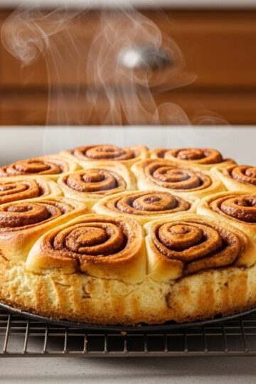 Cinnamon roll honeybun cheesecake cooling with cinnamon swirls and glaze