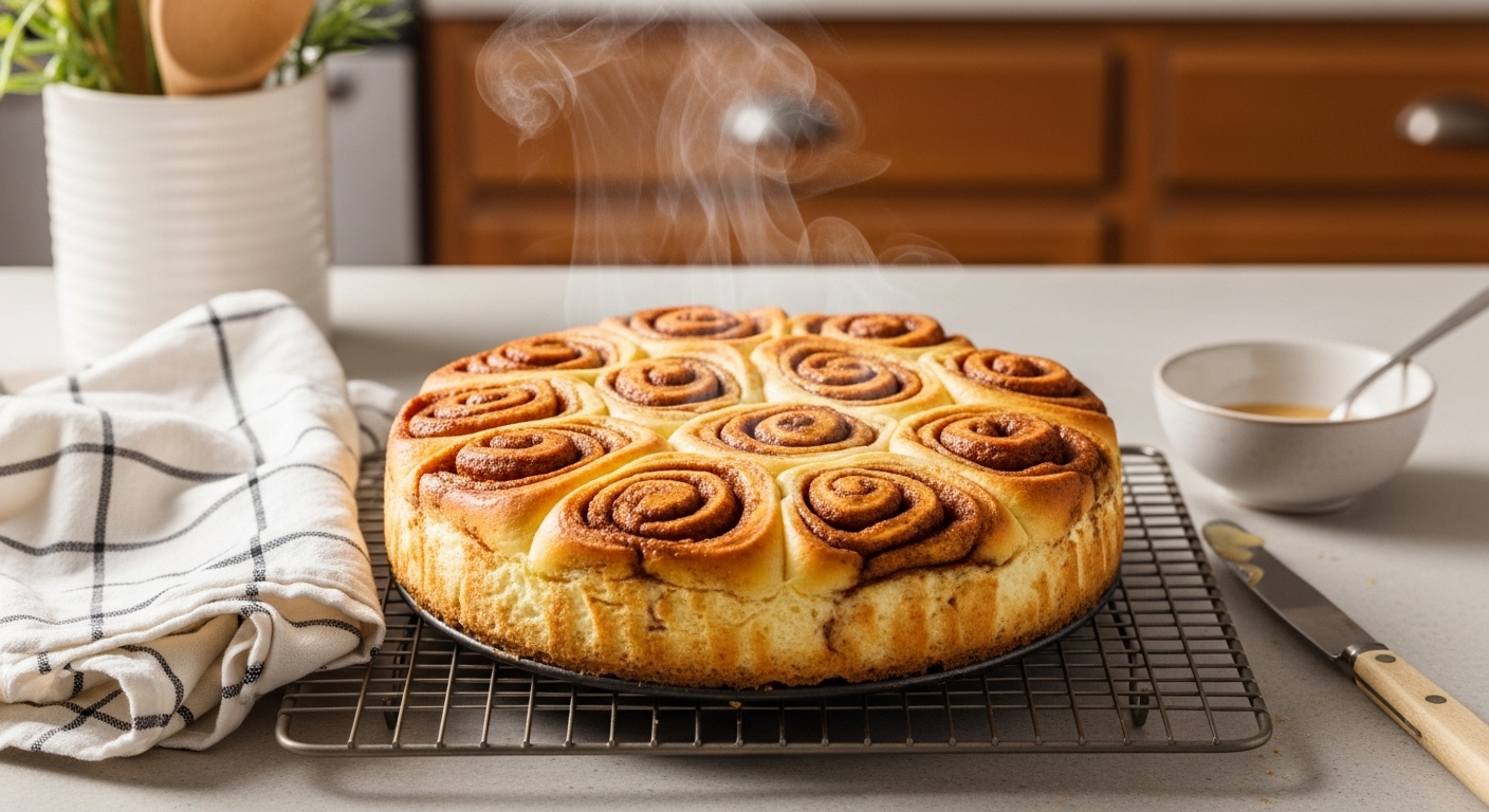 Cinnamon roll honeybun cheesecake cooling with cinnamon swirls and glaze