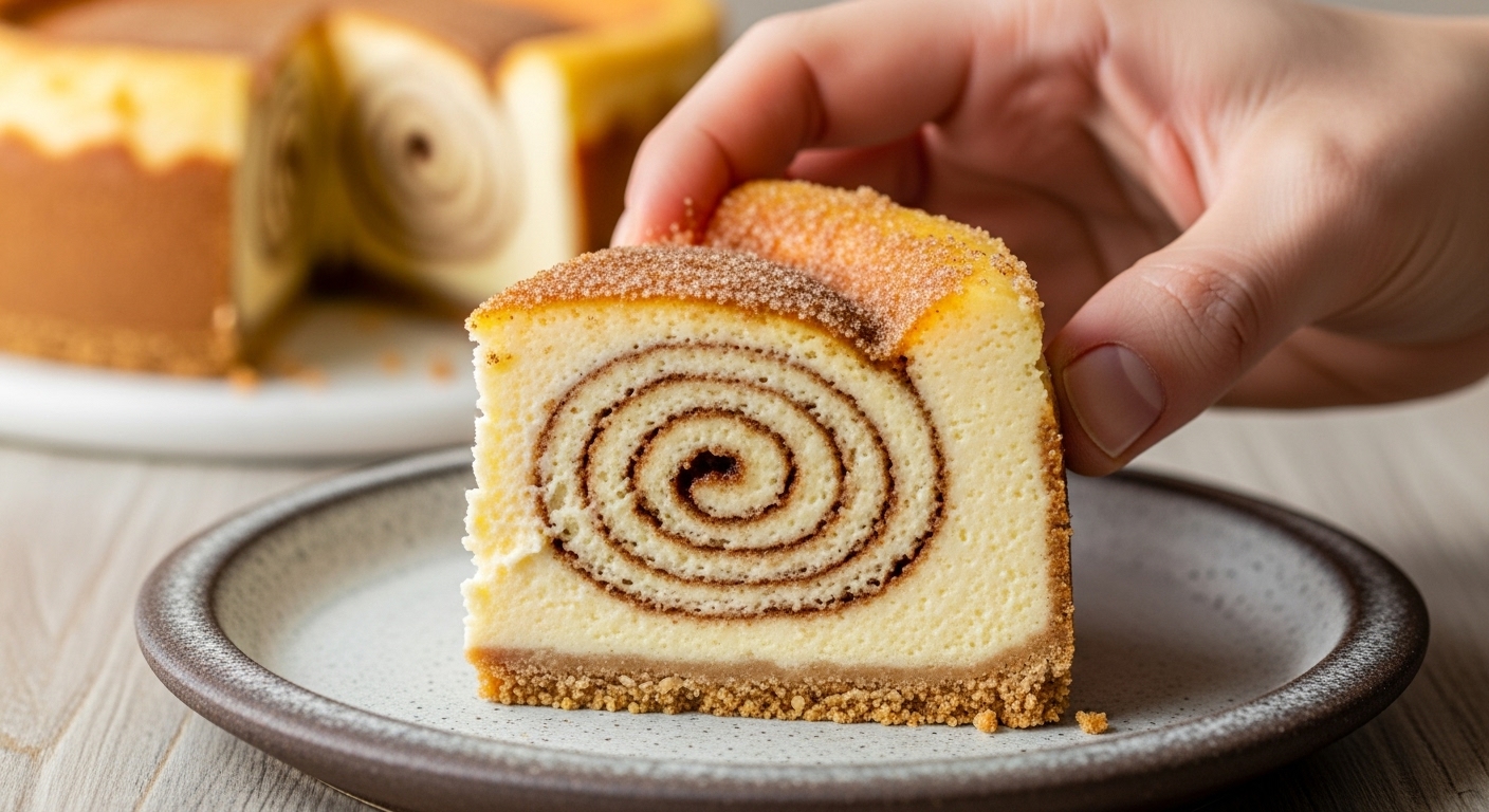 Slice of cinnamon roll honeybun cheesecake with spiral