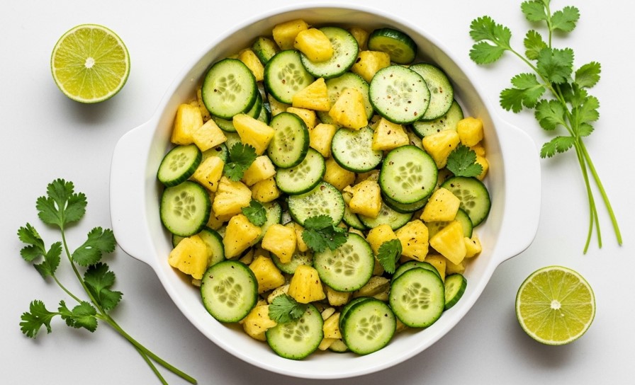 Finished pineapple cucumber salad with lime and cilantro