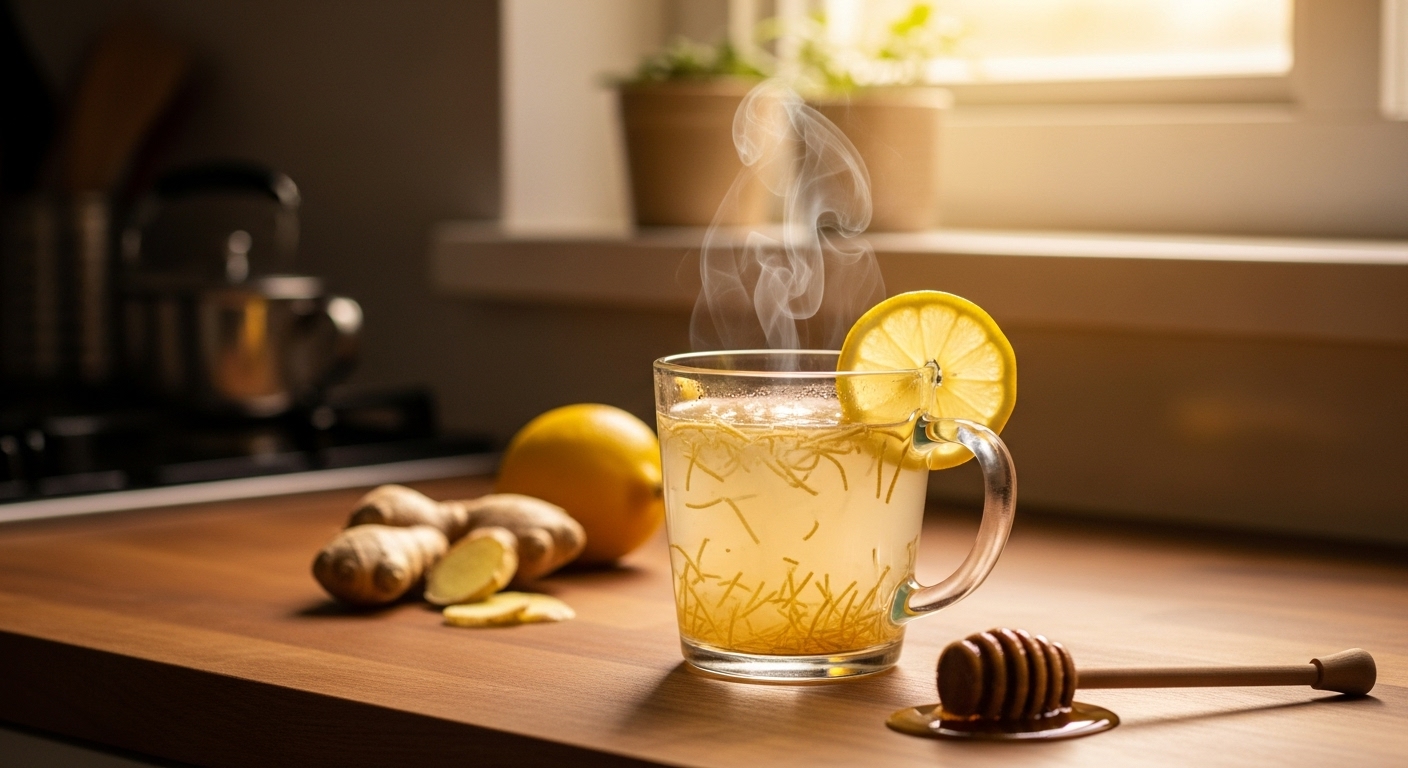 steaming mug of natural mounjaro drink with lemon and ginger