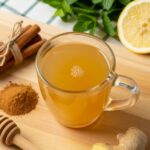 Finished glass of natural Zepbound drink garnished with lemon and cinnamon
