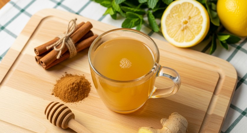Finished glass of natural Zepbound drink garnished with lemon and cinnamon