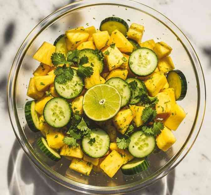 Pineapple cucumber salad in a glass bowl