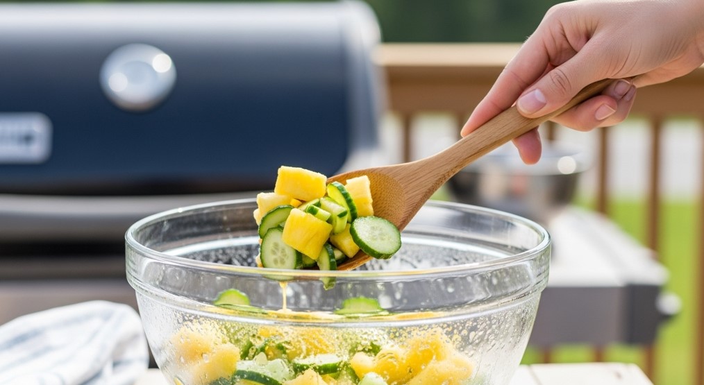 Scooping pineapple cucumber salad from chilled bowl