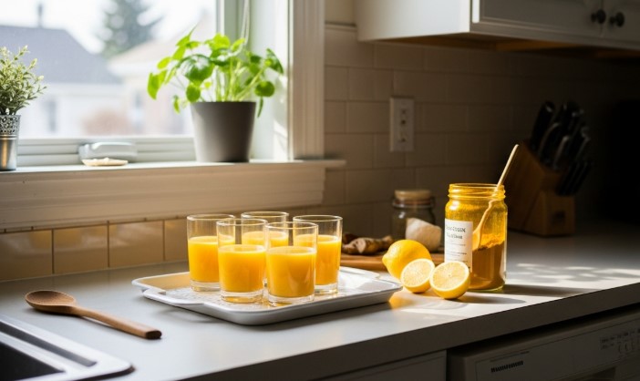 turmeric trick recipe shots with turmeric powder and lemon on kitchen counter