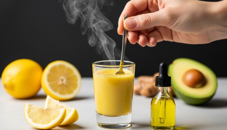 turmeric trick shot being stirred with lemon and avocado oil