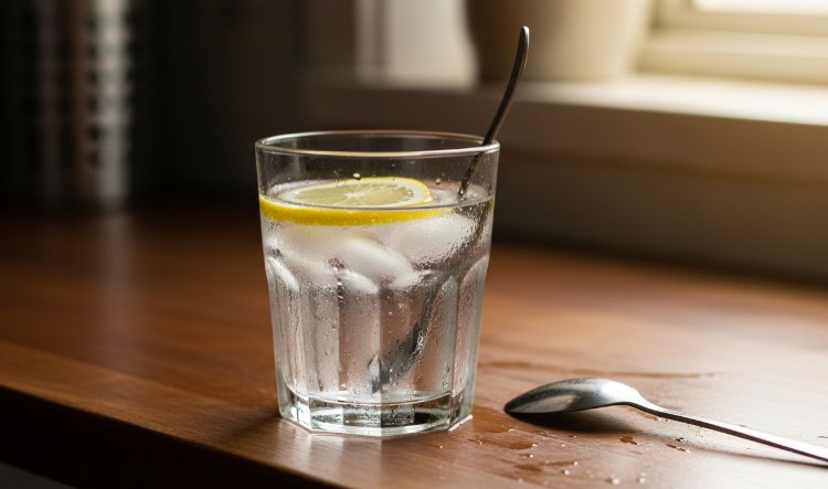 Morning light on a glass of icy lemon water for the 7-second ice water hack