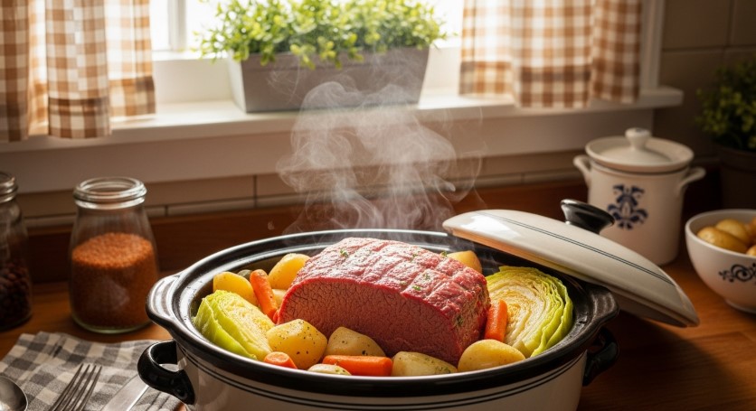 corned beef crock pot recipe with vegetables steaming in kitchen