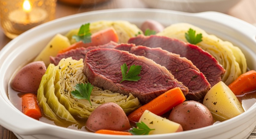 finished corned beef crock pot recipe plated for serving