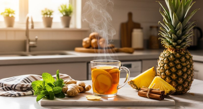 steaming costa rican tea on kitchen counter with fresh ingredients