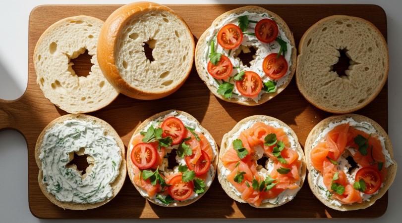 Assorted cottage cheese bagel toppings on a board