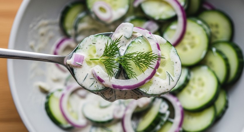 spoonful of creamy cucumber high protein salad
