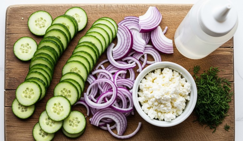 prep board with cucumber salad ingredients