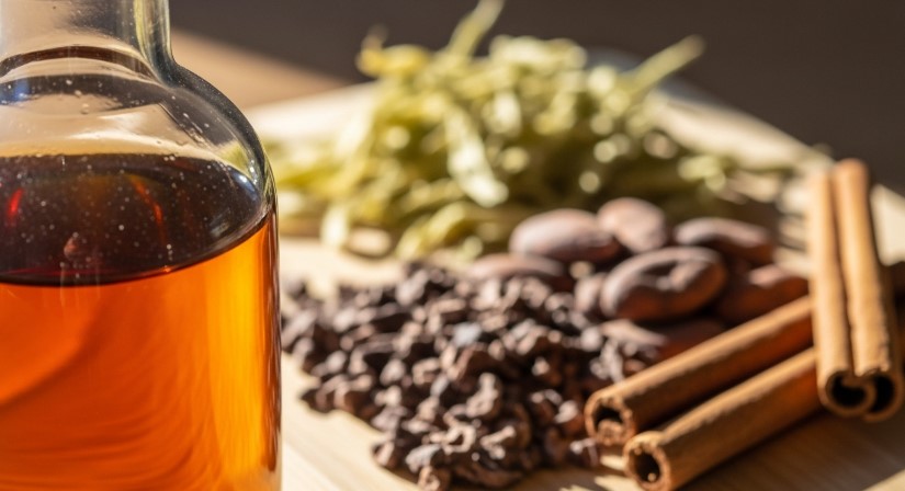 Damiana herbal cordial in glass bottle