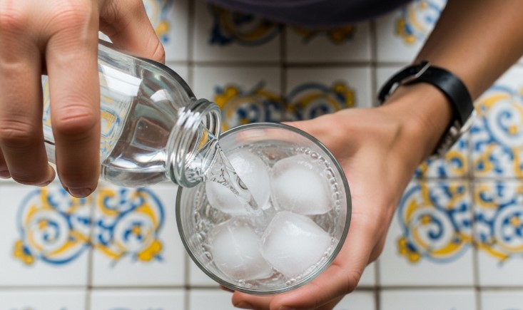 Frankie pours ice-cold water into a glass for his morning weight-loss trick