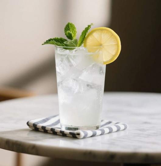 Finished 7-second ice water hack drink with lemon