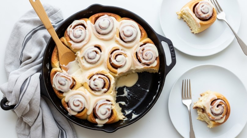 finished sourdough discard cinnamon rolls in pan