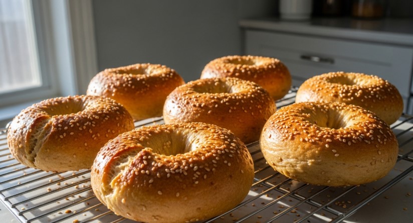 Baked protein bagels cooling on wire rack