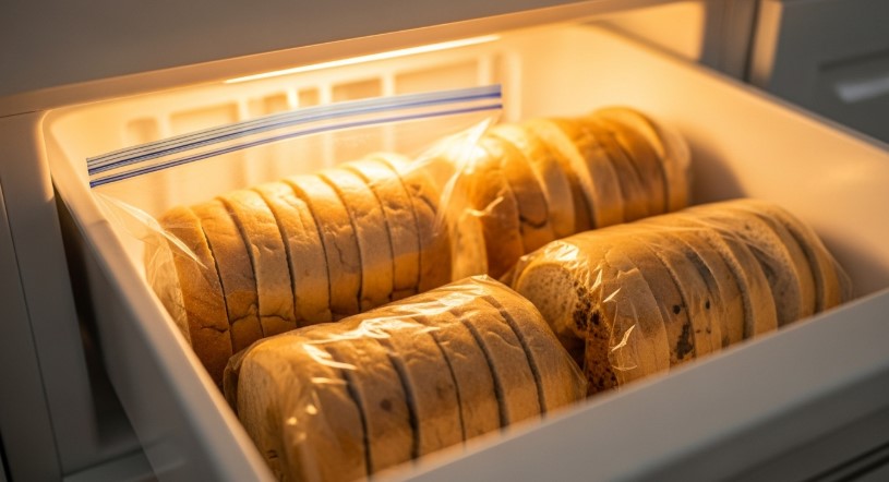 Frozen sliced cottage cheese bagels in storage bag