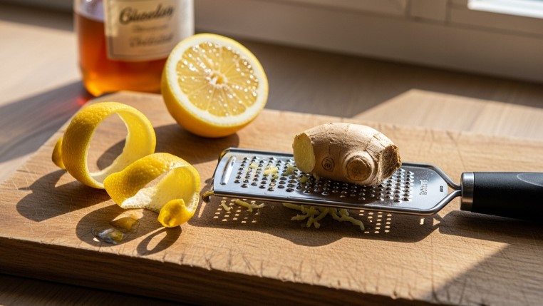 grating fresh ginger and lemon peel for tea