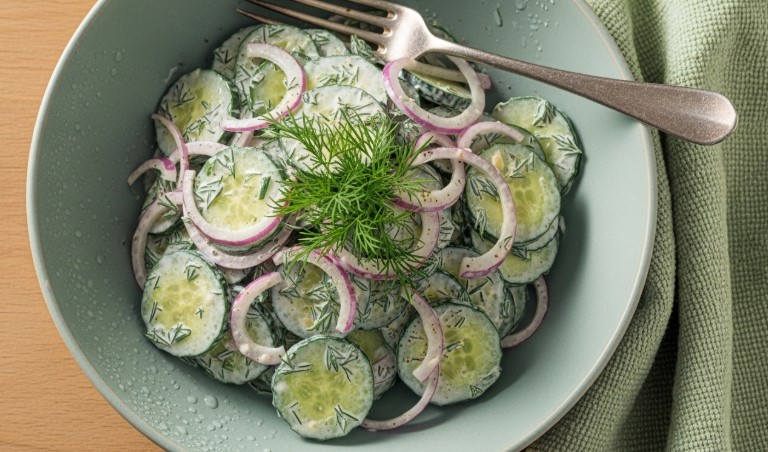 chilled creamy cucumber salad in ceramic bowl