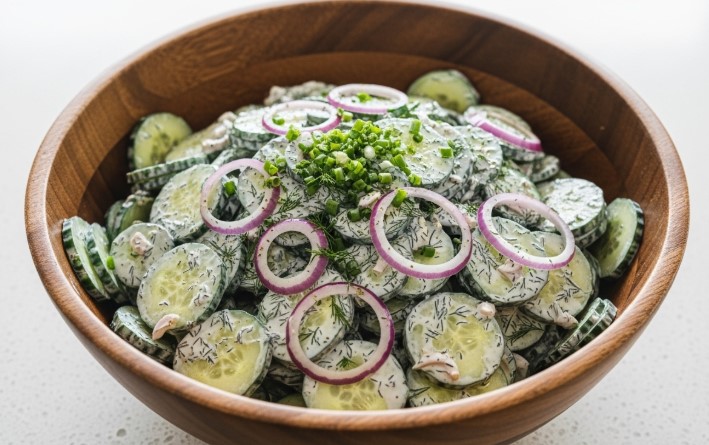 high protein cucumber salad in wooden bowl with dill and red onion