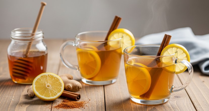 lemon ginger cinnamon tea in mugs with lemon and honey