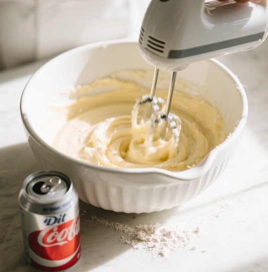 mixing cake mix and diet soda in a bowl