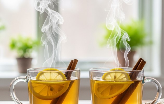 mugs of lemon ginger cinnamon tea with lemon slices