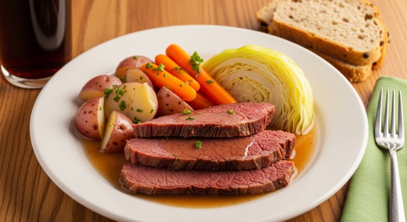 plated corned beef with cabbage and potatoes