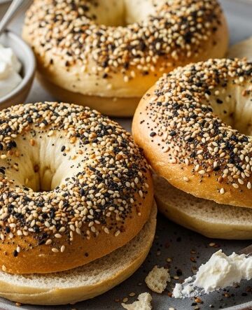 Plate of warm cottage cheese bagels sliced open