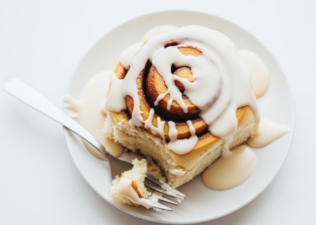 plated sourdough discard cinnamon roll with fork marks
