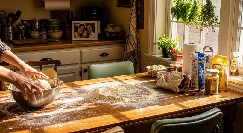 Mixing protein bagel dough in a cozy South Philly kitchen