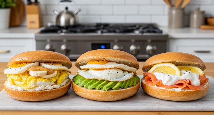 Four variations of high protein bagel toppings