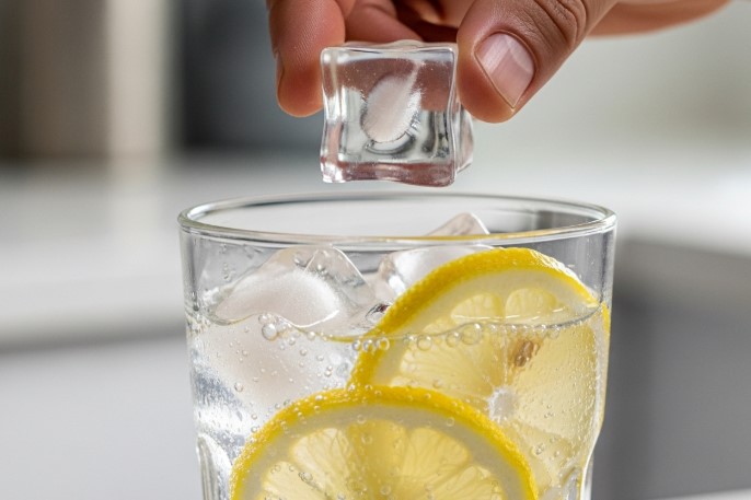 Close-up of a clear glass filled with ice and a bubbly drink, garnished with lemon slices, with a hand adding an ice cube.