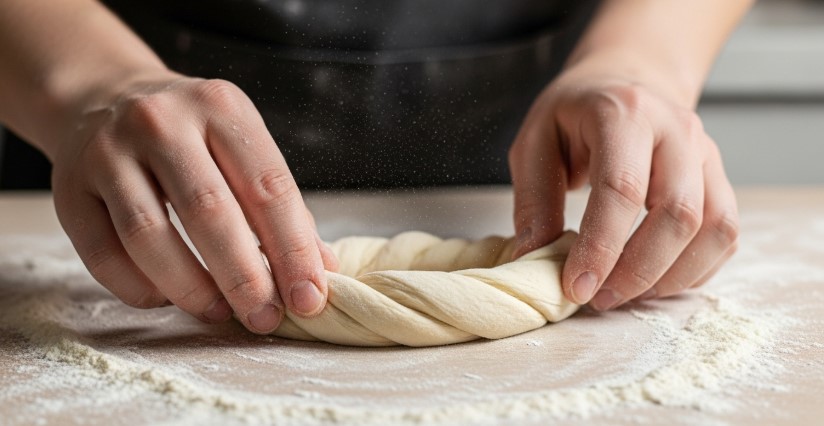 Shaping cottage cheese bagels on floured surface