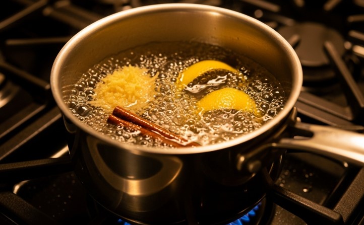simmering lemon ginger cinnamon tea in saucepan