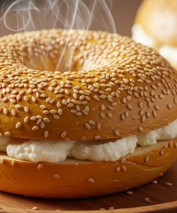 Freshly baked protein bagel sliced with cream cheese