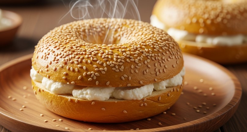 Freshly baked protein bagel sliced with cream cheese