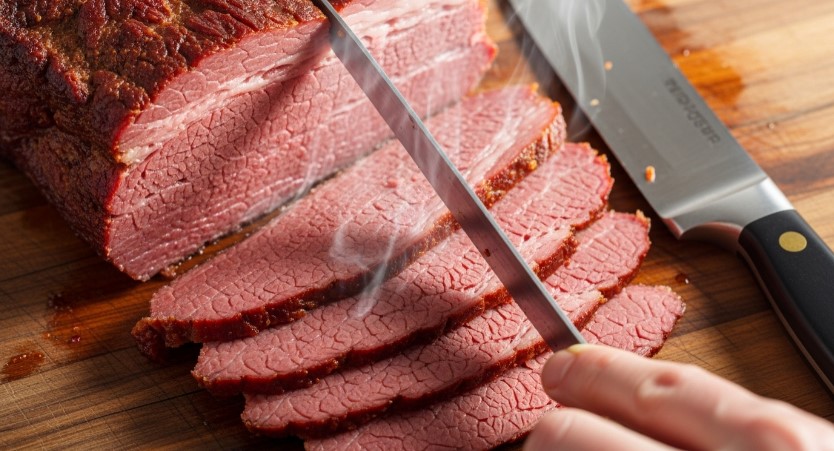 slicing cooked corned beef from the crock pot