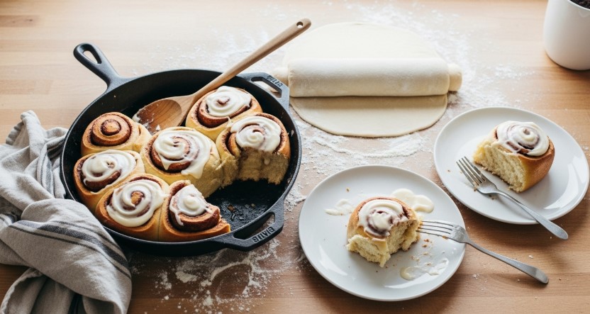 slicing sourdough discard cinnamon roll dough on floured counter