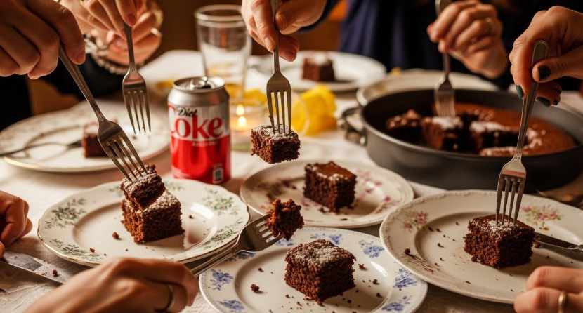 friends enjoying sugar free diet coke cake at table
