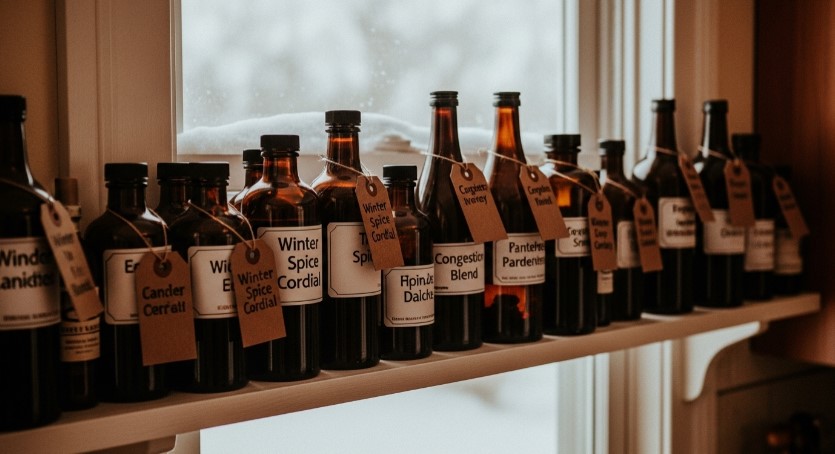Winter herb cordial bottles on shelf