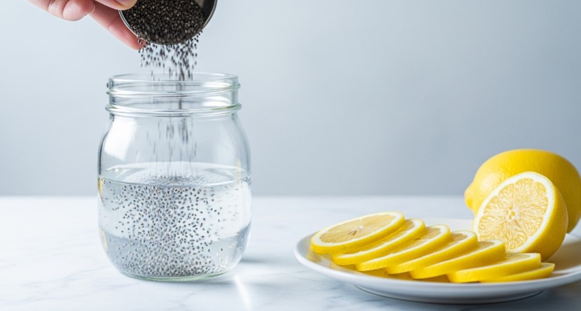 Chia seeds being added to water with lemon prep