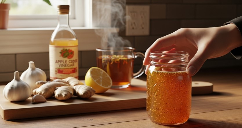 Homemade Amish amoxicillin remedy in jar with ingredients